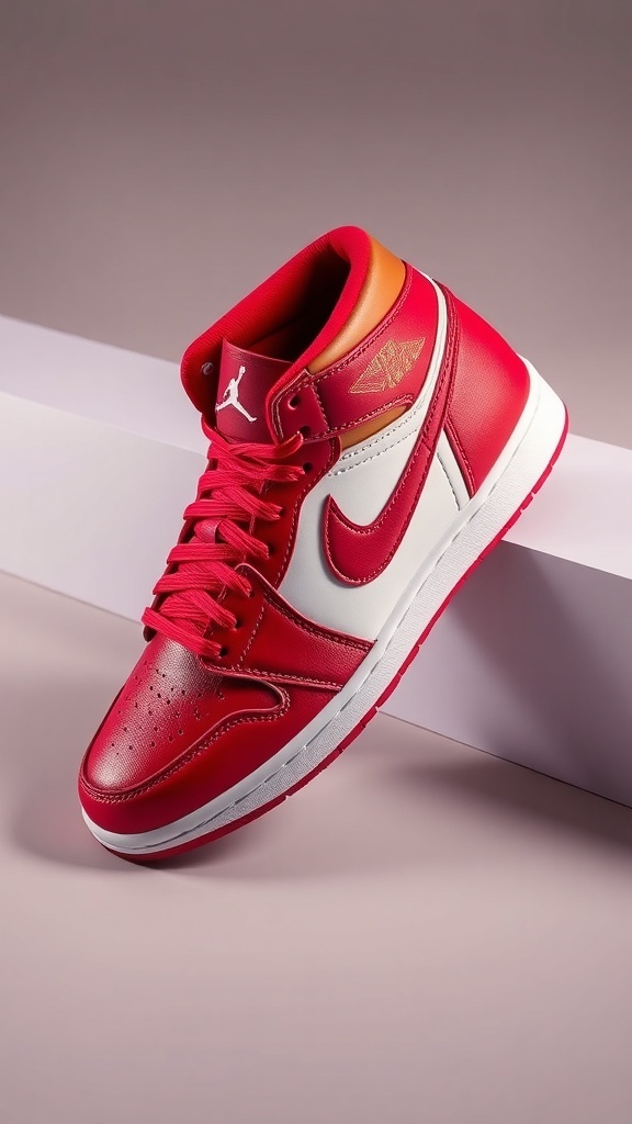 Air Jordan 1 Fire Red Hot Curry Air Jordan 1 Fire Red Hot Curry sneakers in red and curry colorway on a minimalistic background.